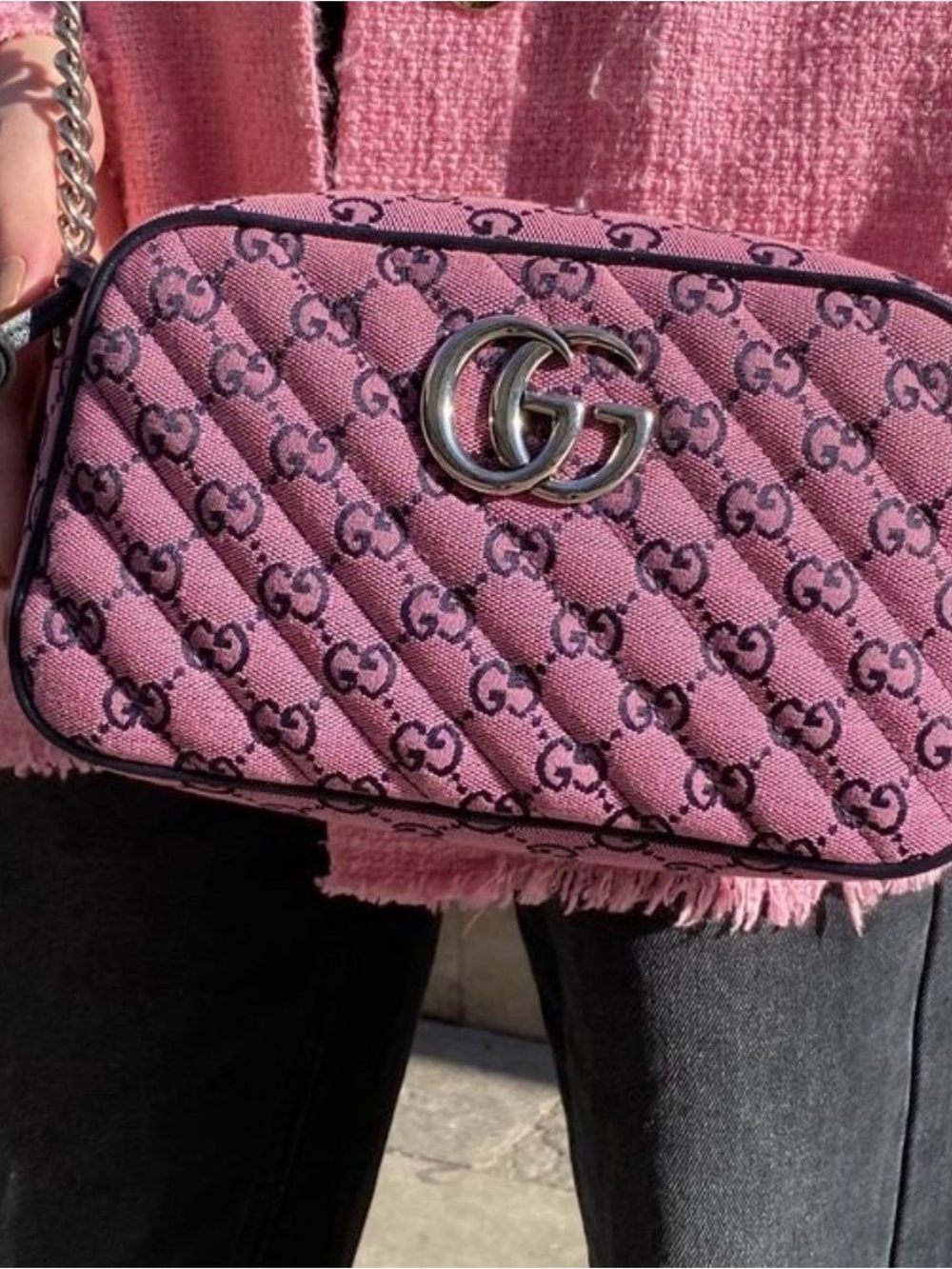 Gucci Pink GG Quilted Canvas Crossbody Bag with Silver Double G - Picture 13 of 14